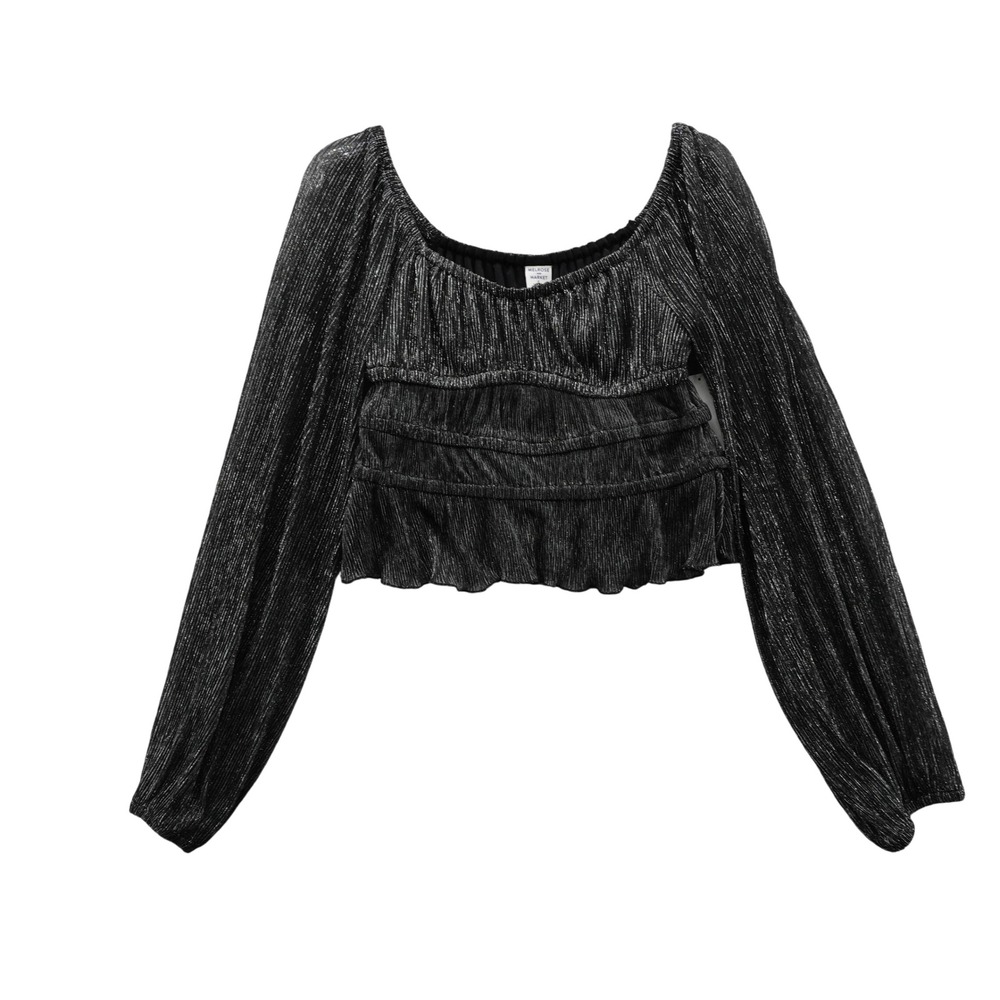 Melrose and Market Womens Black Silver Metallic Tiered Crop Top Medium NWT